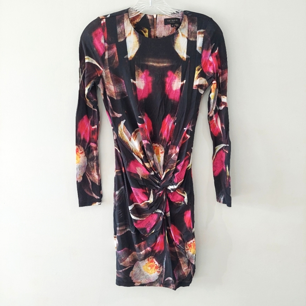 Ted Baker Dress size 0 long sleeve black red floral gathered front zipper back